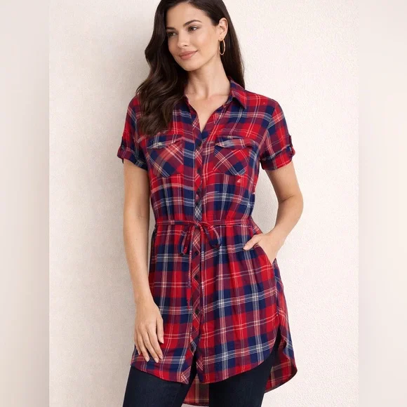Rails Plaid Shirt Dress Tunic Red Blue Button Front Tie Waist Size Medium - Picture 1 of 9